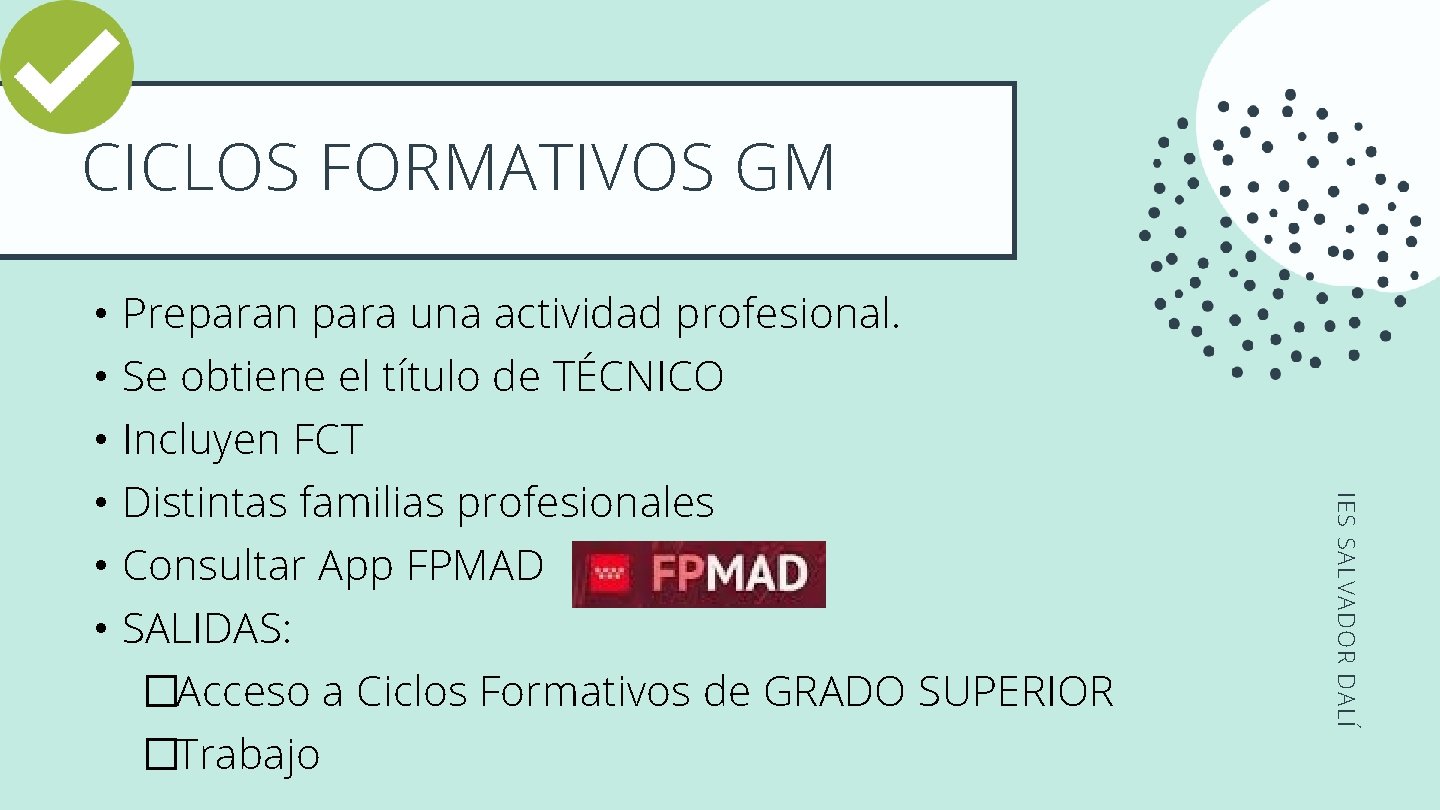 CICLOS FORMATIVOS GM IES SALVADOR DALÍ • Preparan para una actividad profesional. • Se