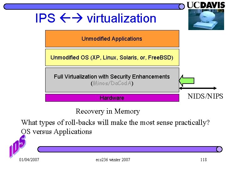 IPS virtualization Unmodified Applications Unmodified OS (XP, Linux, Solaris, or, Free. BSD) Full Virtualization