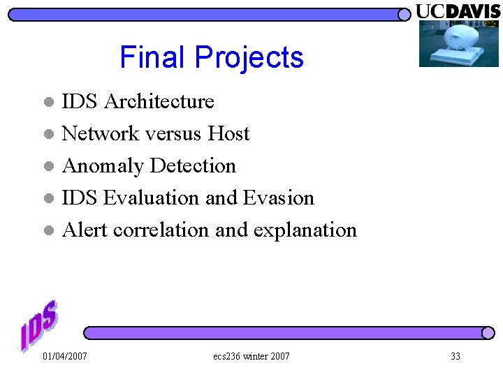 Final Projects IDS Architecture l Network versus Host l Anomaly Detection l IDS Evaluation