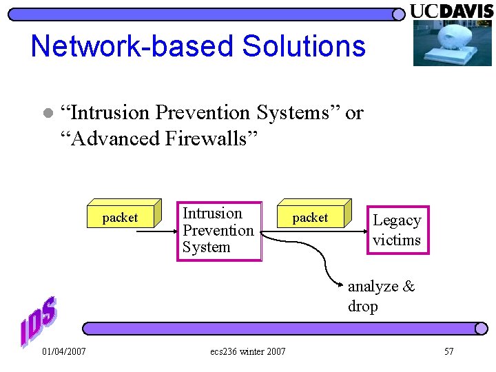 Network-based Solutions l “Intrusion Prevention Systems” or “Advanced Firewalls” packet Intrusion Prevention System packet