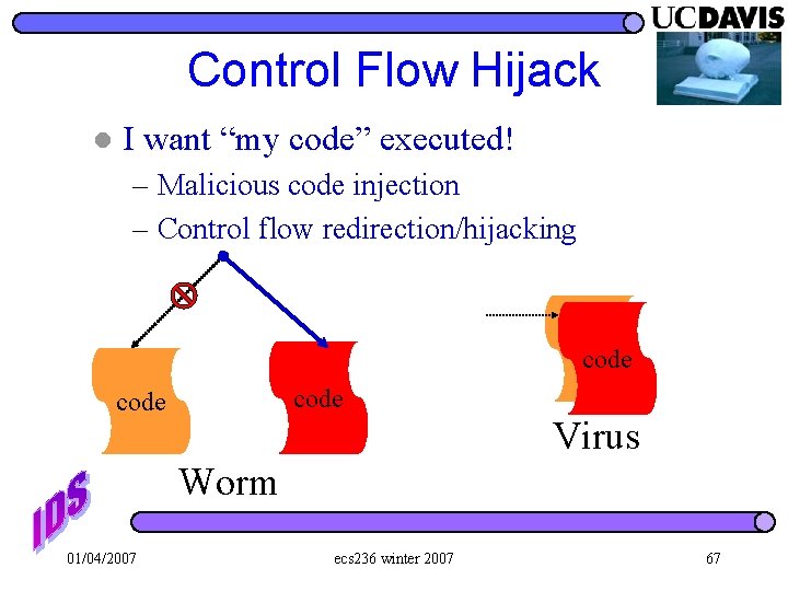 Control Flow Hijack l I want “my code” executed! – Malicious code injection –