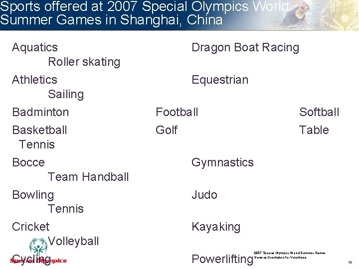 Sports offered at 2007 Special Olympics World Summer Games in Shanghai, China Aquatics Roller