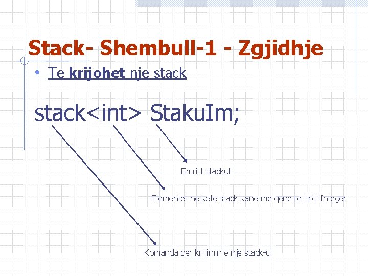 Stack- Shembull-1 - Zgjidhje • Te krijohet nje stack<int> Staku. Im; Emri I stackut
