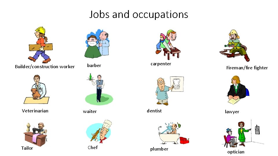 Jobs and occupations Builder/construction worker Veterinarian Tailor barber waiter Chef carpenter dentist plumber Fireman/fire