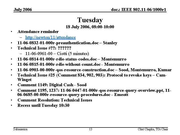 July 2006 doc. : IEEE 802. 11 -06/1000 r 1 Tuesday • • •