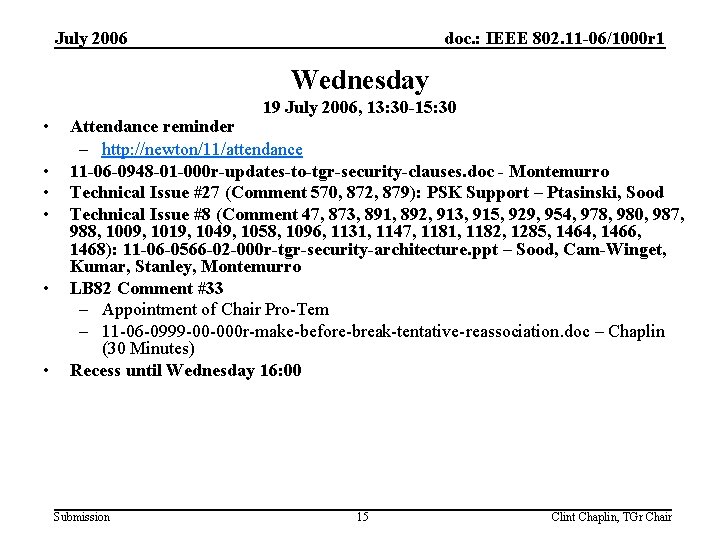July 2006 doc. : IEEE 802. 11 -06/1000 r 1 Wednesday • • •