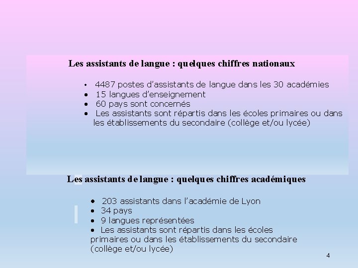 Les assistants de langue : quelques chiffres nationaux • • 4487 postes d’assistants de