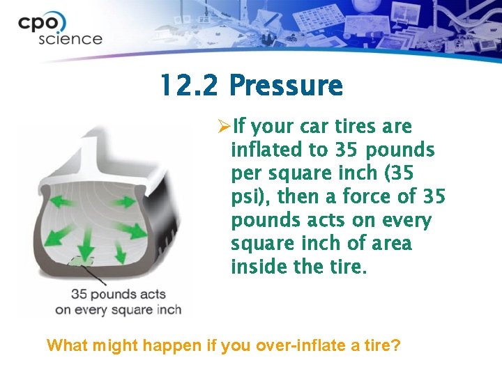 12. 2 Pressure ØIf your car tires are inflated to 35 pounds per square