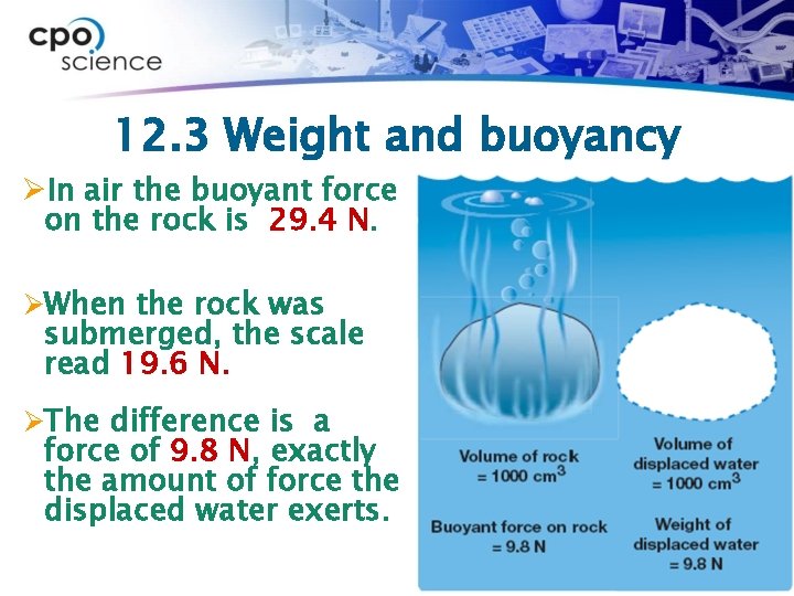 12. 3 Weight and buoyancy ØIn air the buoyant force on the rock is