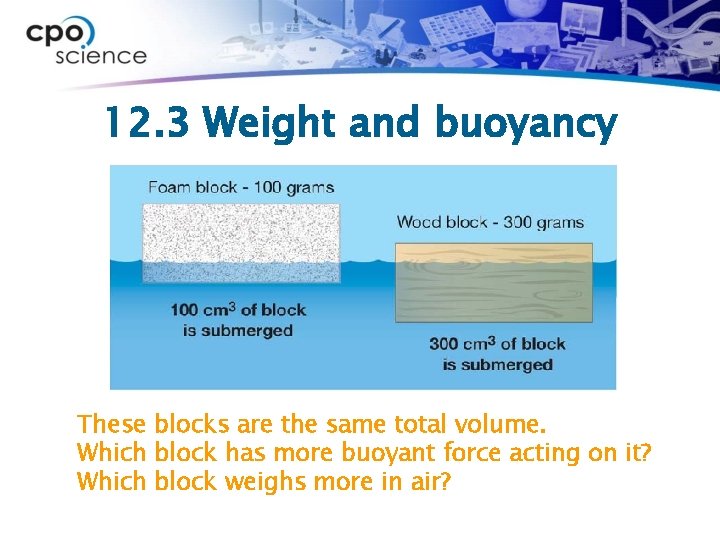 12. 3 Weight and buoyancy These blocks are the same total volume. Which block
