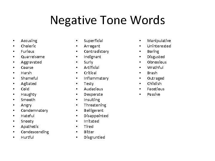 Negative Tone Words • • • • • Accusing Choleric Furious Quarrelsome Aggravated Coarse