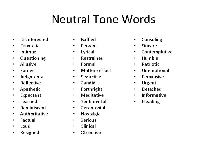 Neutral Tone Words • • • • Disinterested Dramatic Intimae Questioning Allusive Earnest Judgmental