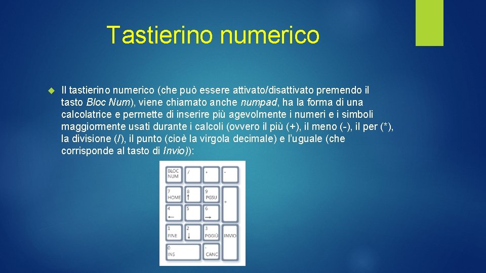 Tastierino numerico Il tastierino numerico (che può essere attivato/disattivato premendo il tasto Bloc Num), Tastierino numerico Il tastierino numerico (che può essere attivato/disattivato premendo il tasto Bloc Num),