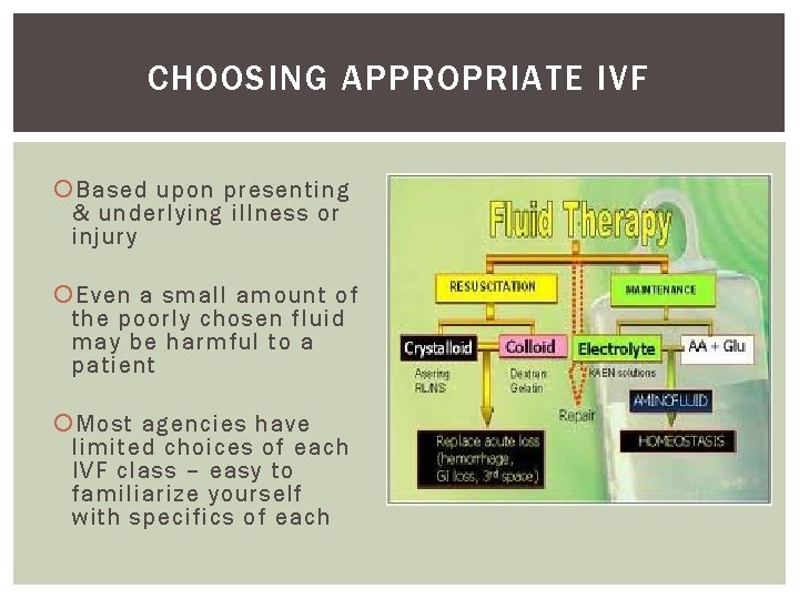 CHOOSING APPROPRIATE IVF Based upon presenting & underlying illness or injury Even a small