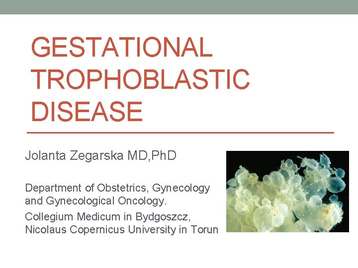 GESTATIONAL TROPHOBLASTIC DISEASE Jolanta Zegarska MD, Ph. D Department of Obstetrics, Gynecology and Gynecological