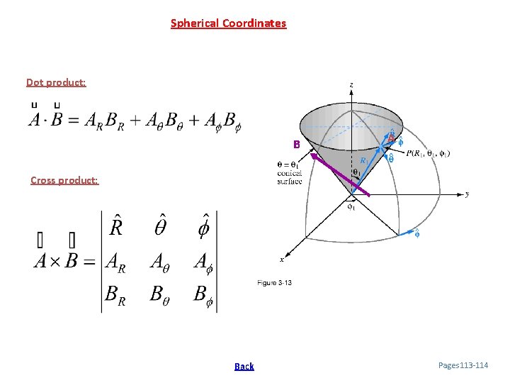 Spherical Coordinates Dot product: B A Cross product: Back Pages 113 -114 