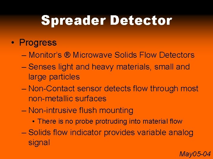 Spreader Detector • Progress – Monitor’s ® Microwave Solids Flow Detectors – Senses light