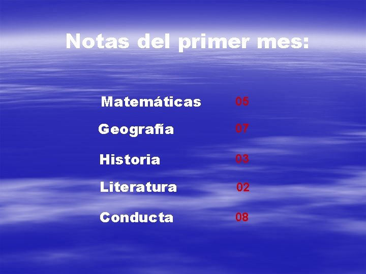 Notas del primer mes: Matemáticas 05 Geografía 07 Historia 03 Literatura 02 Conducta 08