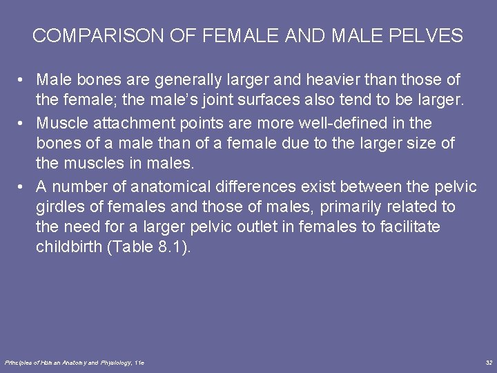 COMPARISON OF FEMALE AND MALE PELVES • Male bones are generally larger and heavier