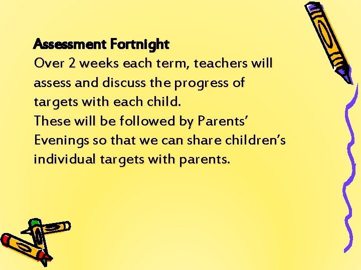 Assessment Fortnight Over 2 weeks each term, teachers will assess and discuss the progress