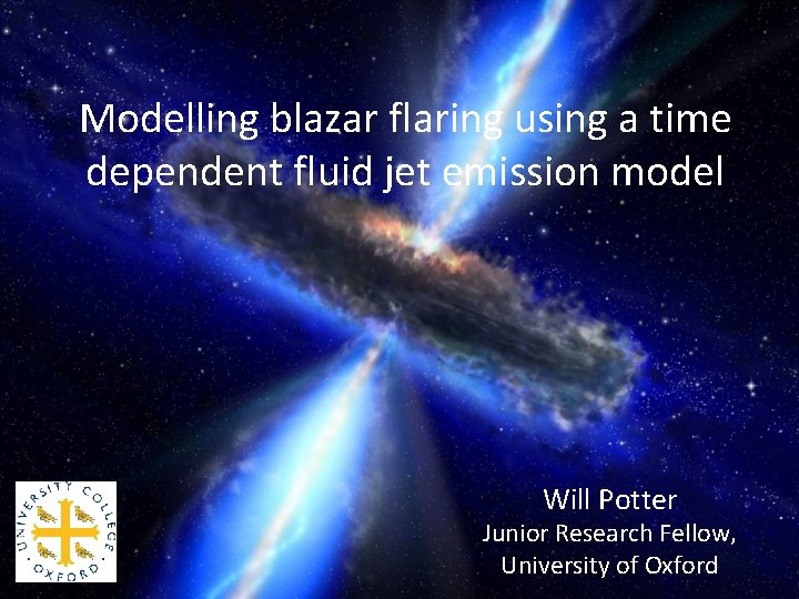Modelling blazar flaring using a time dependent fluid jet emission model Will Potter Junior