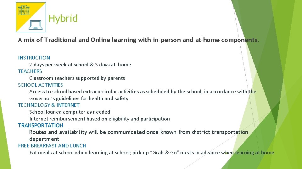 Hybrid A mix of Traditional and Online learning with in-person and at-home components. INSTRUCTION