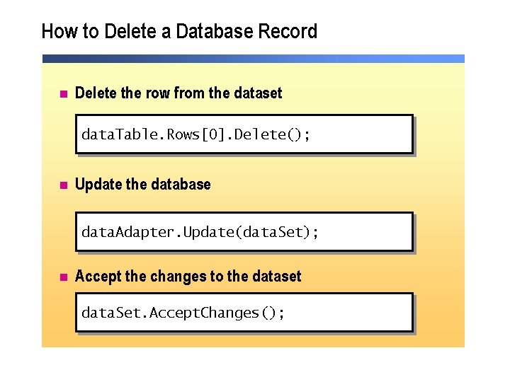 How to Delete a Database Record n Delete the row from the dataset data.