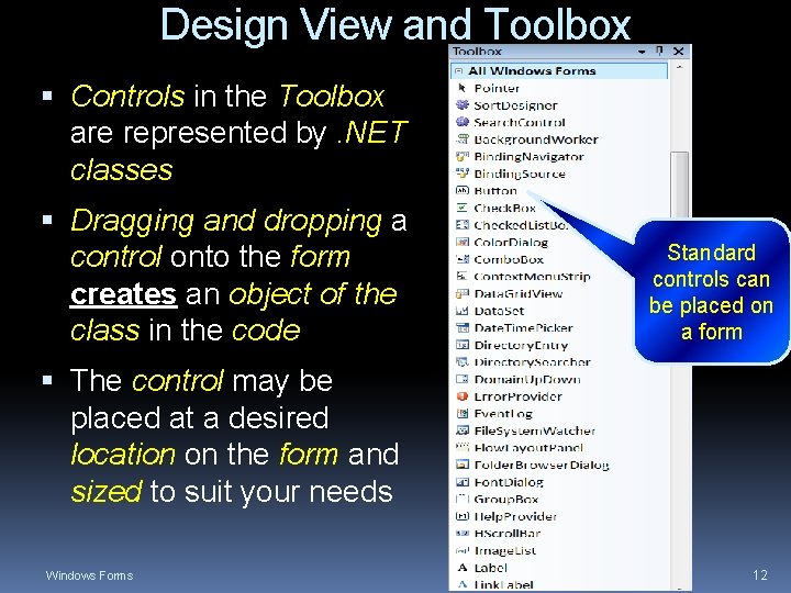 Design View and Toolbox Controls in the Toolbox are represented by. NET classes Dragging