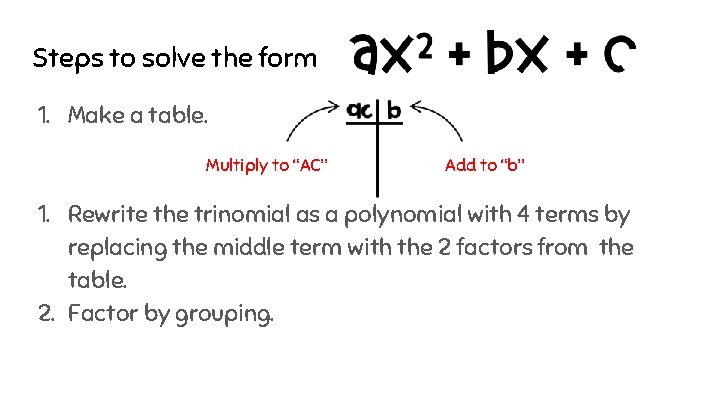 Steps to solve the form 1. Make a table. Multiply to “AC” Add to