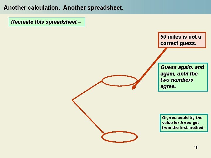 Another calculation. Another spreadsheet. Recreate this spreadsheet – 50 miles is not a correct