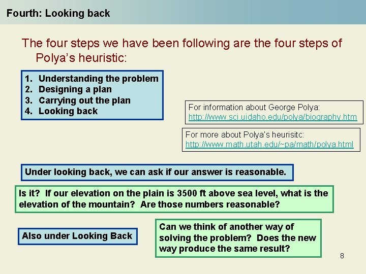 Fourth: Looking back The four steps we have been following are the four steps