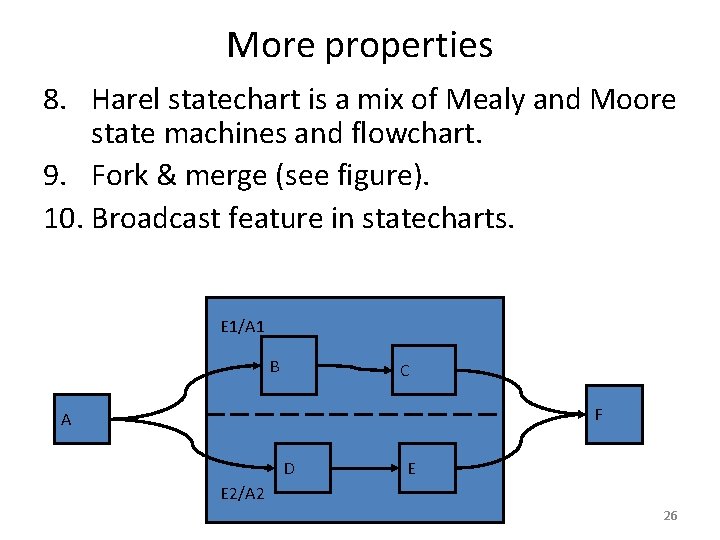 More properties 8. Harel statechart is a mix of Mealy and Moore state machines