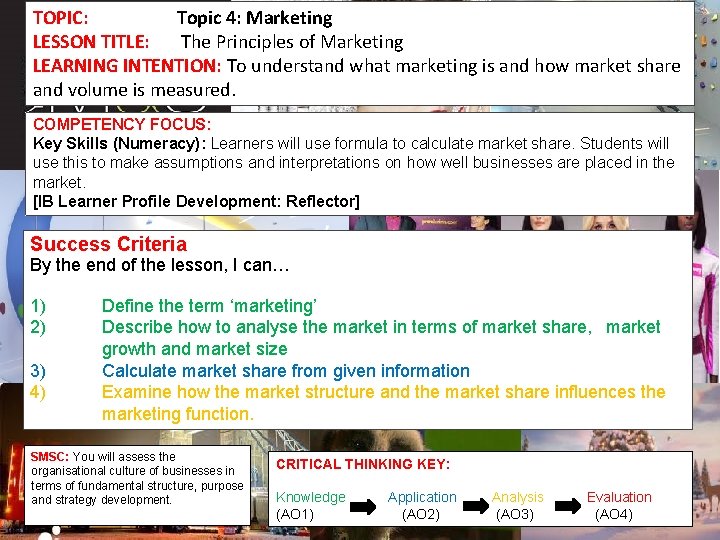 TOPIC: Topic 4: Marketing LESSON TITLE: The Principles of Marketing LEARNING INTENTION: To understand