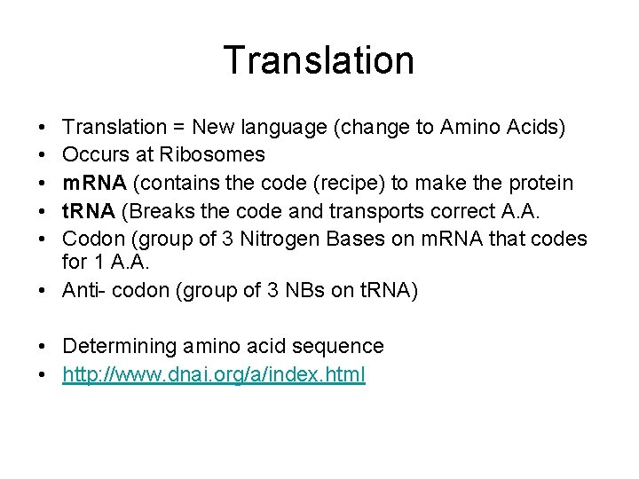 Translation • • • Translation = New language (change to Amino Acids) Occurs at