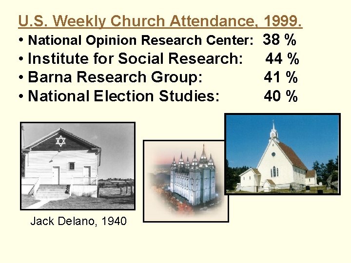 U. S. Weekly Church Attendance, 1999. • National Opinion Research Center: 38 % •