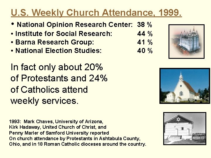 U. S. Weekly Church Attendance, 1999. • National Opinion Research Center: 38 % •