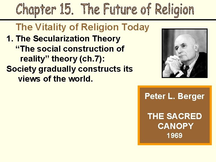 The Vitality of Religion Today 1. The Secularization Theory “The social construction of reality”
