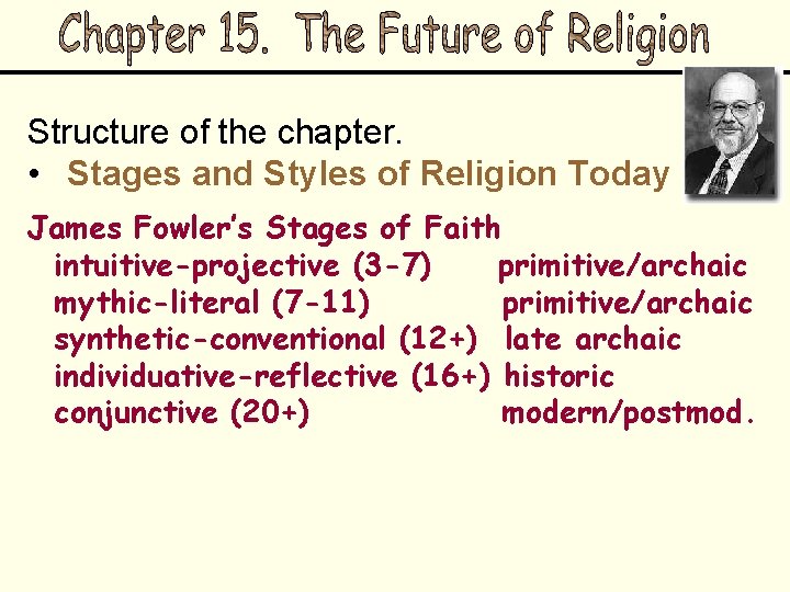 Structure of the chapter. • Stages and Styles of Religion Today James Fowler’s Stages