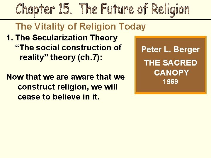 The Vitality of Religion Today 1. The Secularization Theory “The social construction of reality”