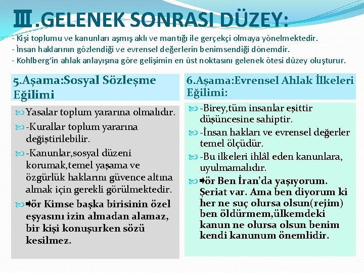 Ⅲ. GELENEK SONRASI DÜZEY: - Kişi toplumu ve kanunları aşmış aklı ve mantığı ile