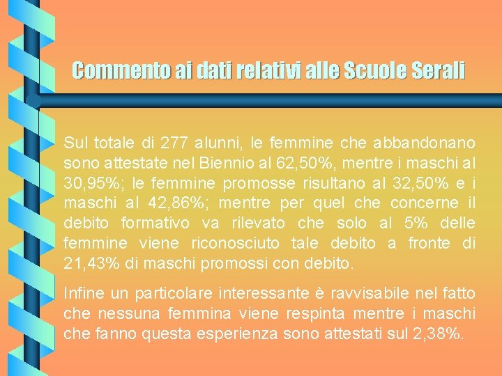 Commento ai dati relativi alle Scuole Serali Sul totale di 277 alunni, le femmine