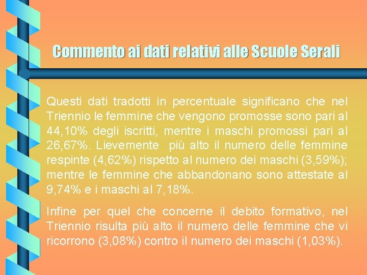 Commento ai dati relativi alle Scuole Serali Questi dati tradotti in percentuale significano che