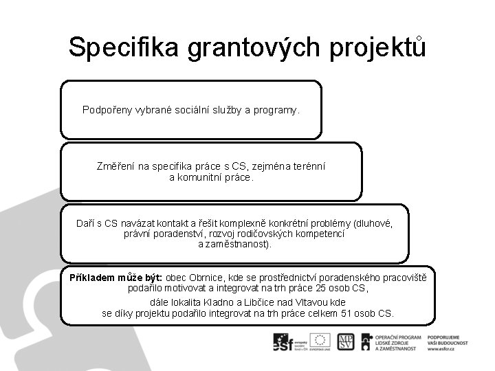 Specifika grantových projektů Podpořeny vybrané sociální služby a programy. Změření na specifika práce s