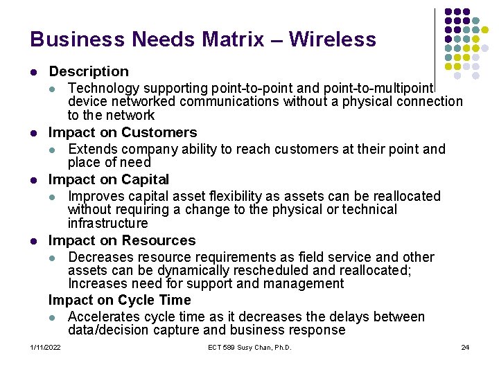 Business Needs Matrix – Wireless l l Description l Technology supporting point-to-point and point-to-multipoint