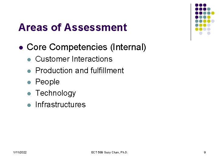 Areas of Assessment l Core Competencies (Internal) l l l 1/11/2022 Customer Interactions Production