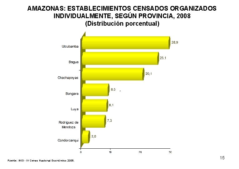 AMAZONAS: ESTABLECIMIENTOS CENSADOS ORGANIZADOS INDIVIDUALMENTE, SEGÚN PROVINCIA, 2008 (Distribución porcentual) Fuente: INEI - IV