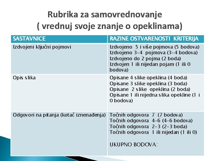 Rubrika za samovrednovanje ( vrednuj svoje znanje o opeklinama) SASTAVNICE RAZINE OSTVARENOSTI KRITERIJA Izdvojeni