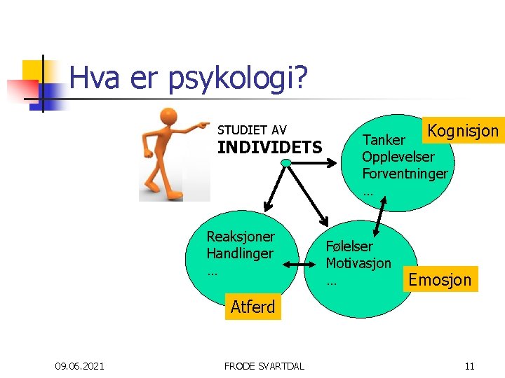 Hva er psykologi? STUDIET AV INDIVIDETS Reaksjoner Handlinger … Kognisjon Tanker Opplevelser Forventninger …