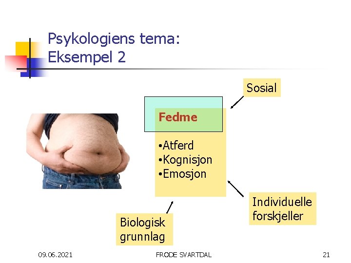 Psykologiens tema: Eksempel 2 Sosial Fedme • Atferd • Kognisjon • Emosjon Biologisk grunnlag