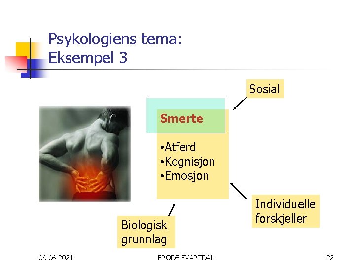 Psykologiens tema: Eksempel 3 Sosial Smerte • Atferd • Kognisjon • Emosjon Biologisk grunnlag